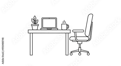 Minimalist home office desk setup with a laptop, plant, coffee mug, and an ergonomic chair, on an isolated white background.
