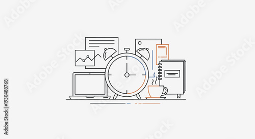 Minimalist workspace setup with laptop, alarm clock, documents, and coffee cup on a light gray background, depicting productivity and remote work.