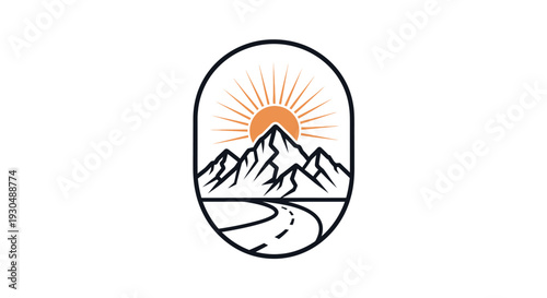 Minimalist mountain landscape logo with winding road and rising sun in an oval frame, representing outdoor adventure and travel.