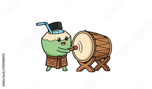 A cartoon bubble tea character enthusiastically playing a drum with a mallet.