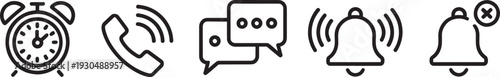 Various notification black and white alarm clock phone chat bubbles