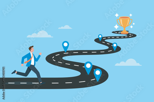 Roadmap to Future Success, Career Journey, Business Plan to Reach Target, Achievement and Ambition, Businessman Running Toward Trophy, Goal Completion Concept