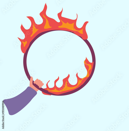 a hand with a ring, a ring with fire, a circus performer,