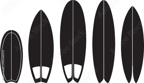 Various surfboard shapes on white background black