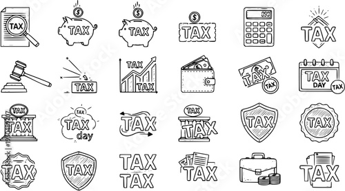 Tax Icon Set: Hand-Drawn Vector Illustration