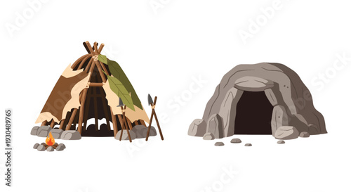Stone Age Shelter - Prehistoric Human Dwelling Illustration