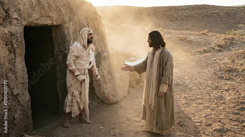 Jesus Christ wearing long ancient robes stands in a dusty desert landscape reaching out his hand to Lazarus who emerges from a dark stone tomb wrapped in burial cloths after resurrection