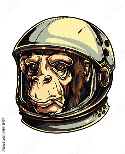 Retro Stylized Illustration of a Chimpanzee Astronaut in a Vintage Space Helmet Smoking a Cigarette, Cool Primate Cosmonaut Character Art for Sci-Fi and Pop Culture Designs