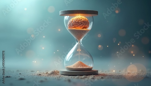 Hourglass contains human brain, sand flows down. Represents time passing and mental processes like cognition memory and intellect. Symbolizes thoughts ideas and awareness.