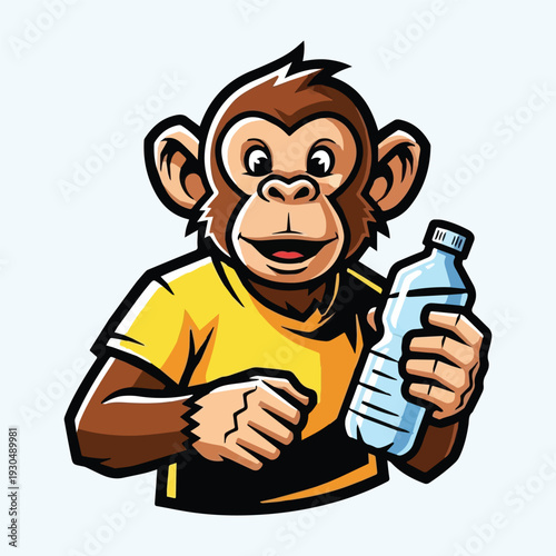 Cheerful cartoon monkey mascot in a yellow shirt, happily holding a clear water bottle. Promoting hydration and a healthy lifestyle with a friendly, energetic primate character