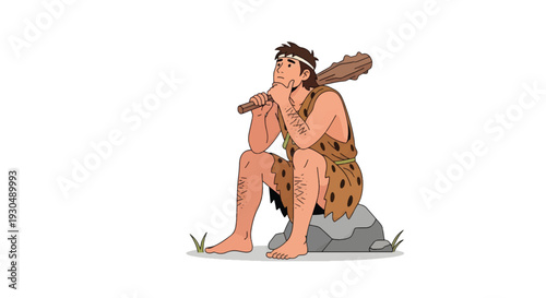 Prehistoric Human Sitting on Rock Thinking - Stone Age Concept