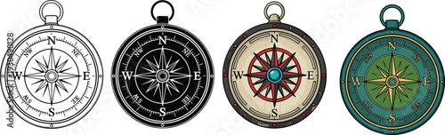 Compass icons set, vintage navigation instruments with cardinal directions isolated on white background for travel, exploration, maritime, adventure design illustration