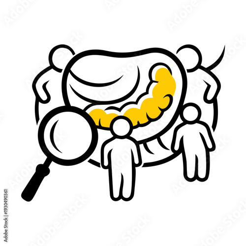 Group of doctors and scientists examining human intestines with magnifying glasses, representing gut health research and medical study.