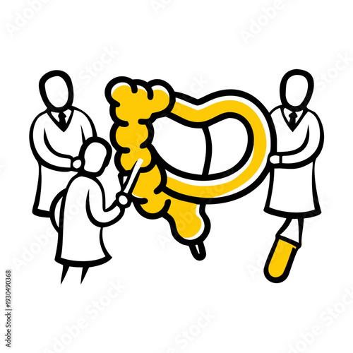 Group of doctors and scientists examining human intestines with magnifying glasses, representing gut health research and medical study.