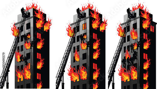 Firefighters rescuing people from burning building, high rise fire emergency response with ladder truck, flames, urban disaster rescue illustration scene