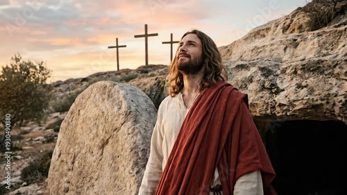 Jesus Christ beside an open stone biblical tomb looking towards three distant crosses on a rocky hill during a peaceful sunrise celebrating the holy week resurrection