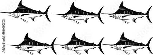 Marlin fish silhouettes set, swordfish style ocean predator icons isolated on white background for fishing, marine wildlife, sport, nautical design