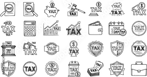 Hand-Drawn Tax Icon Set: Finance, Business, and Legal Symbols
