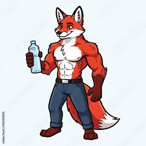 Muscular and friendly anthropomorphic fox character staying fit and hydrated with a water bottle, embodying a healthy and active lifestyle