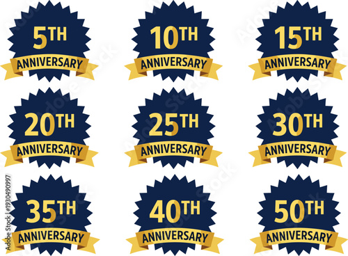 Blue and Gold Anniversary Badges Set for 5th 10th 15th 20th 25th 30th 35th 40th and 50th Celebration Labels
