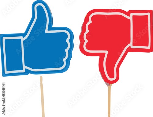Blue Thumbs Up and Red Thumbs Down Icons on Sticks Isolated on White Background Social Media Feedback Concept Vector Illustration