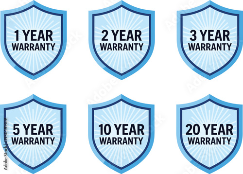 Blue Warranty Shield Badges Set Showing 1 2 3 5 10 and 20 Year Guarantee Labels Isolated on White Background