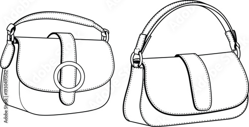 Vector illustration of stylish women’s handbags with flap closure, decorative buckle, short strap, fashion accessory, detailed CAD drawing, modern purse design, elegant and trendy