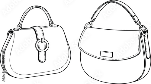 Vector illustration of stylish women’s handbags, detailed CAD drawing, flap closure, round buckle, short handle, modern fashion accessory, elegant purse design