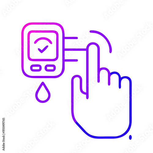 Person using a blood glucose meter to test their sugar level with a finger prick on a blue gradient background.
