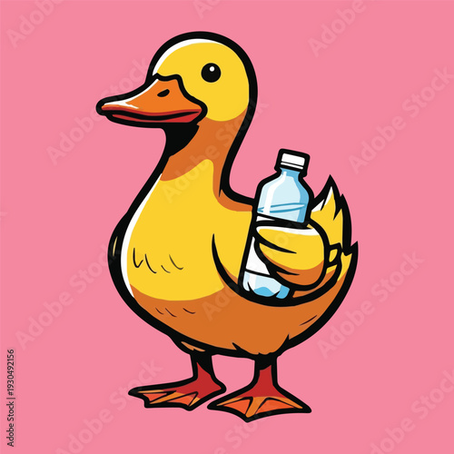 Friendly yellow cartoon duck holding a water bottle, a delightful icon promoting hydration and healthy living on a vibrant pink background