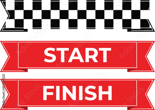 Racing start and finish banner set with checkered flag pattern and red ribbon labels for motorsport competition event design
