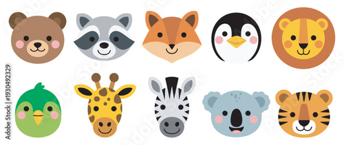 Cute Animal Face Outline Icon Set, Bear, Fox, Penguin, Lion, Tiger, Simple Vector Icons, Animal Face Illustrations for UI and Web Design