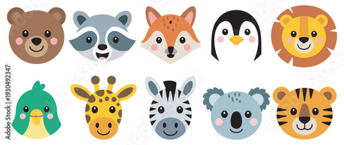 Cute Animal Face Outline Icon Set, Bear, Fox, Penguin, Lion, Tiger, Minimalist Vector Icons, Animal Illustrations for Apps and Websites