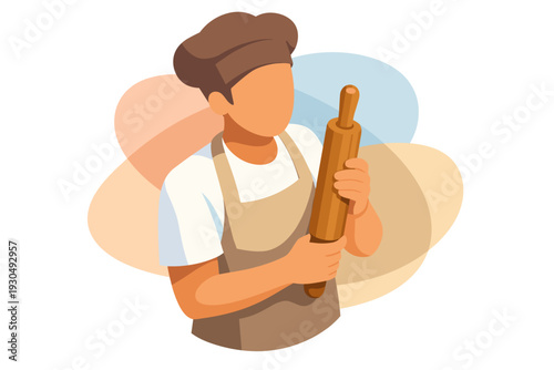 Baker holding a wooden rolling pin wearing chef hat and apron.