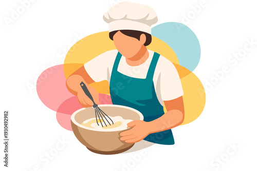 Baker whisking batter in a bowl wearing chef hat and apron.