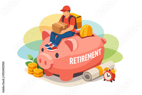 Delivery Person Sitting On Piggy Bank With Retirement Text.
