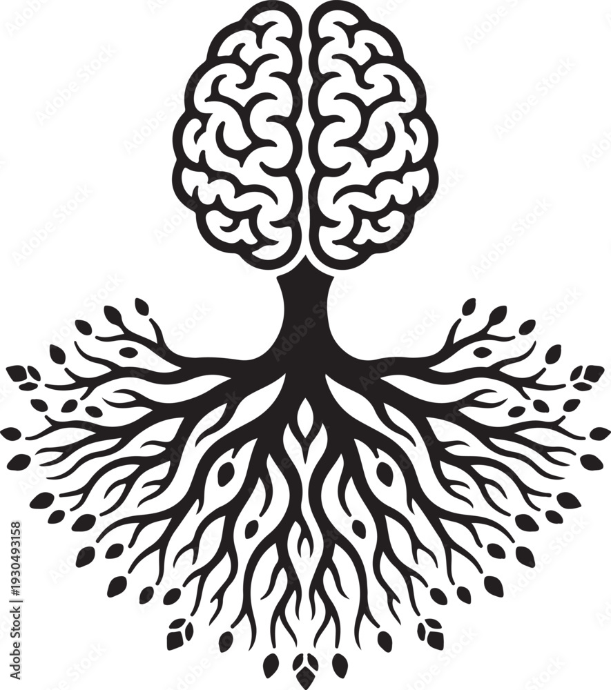 Fototapeta premium Brain with roots representing knowledge and growth
