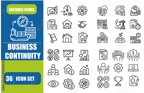Business continuity icon set collection in outline style. an icon pack contain downtime, plan, resilience, acceptable, strategy, continuity
