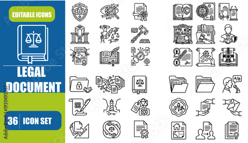 Legal document icon set. Containing contract, agreement, passport, ID card, certificate, license, patent, testament and more. Vector solid icons collection.
