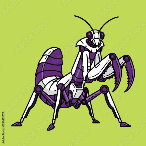 Robotic praying mantis illustration in a cartoon style with purple and white details against a plain green background, showcasing a unique sci-fi insect design