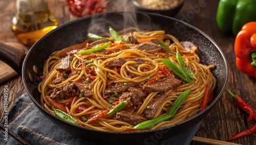Beef and vegetable stir-fried noodles