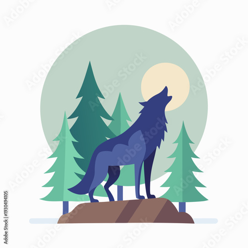 Blue Wolf Howling at the Moon in a Forest