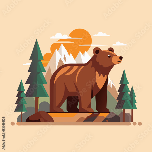 Brown bear in a forest landscape with mountains and sun