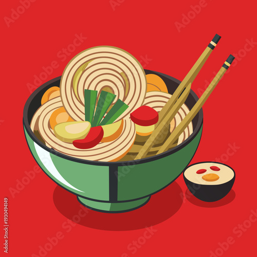 Bowl of Soba Noodles with Chopsticks and Garnish