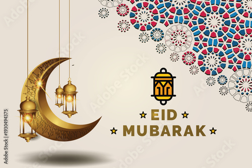 Minimalist vector background with flat lantern icon and golden crescent 