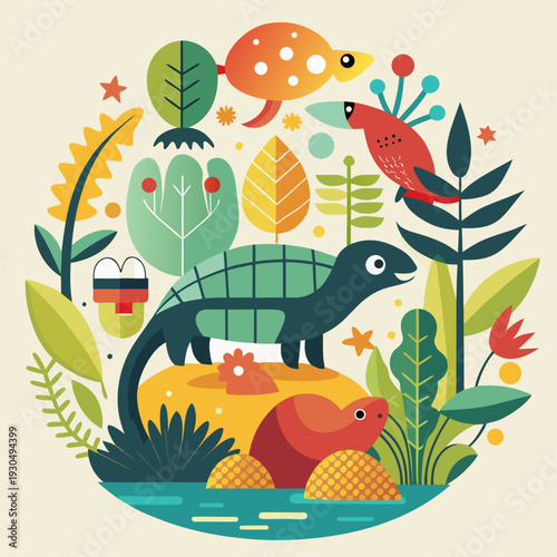 Cute Turtle and Friends in a Lush Natural Scene