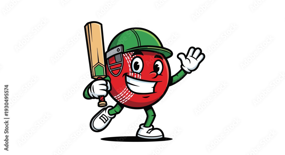 Naklejka premium Smiling cricket ball character in green helmet holding bat