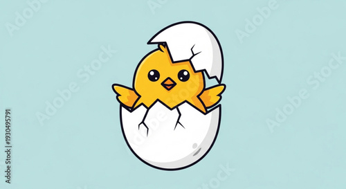 Cute cartoon chick emerging from cracked eggshell on pastel blue background symbolizing new life and beginnings in a joyful vibrant scene