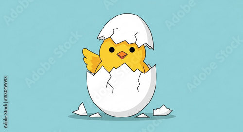 Cute yellow chick emerging from cracked white eggshell on blue background symbolizing new life and growth