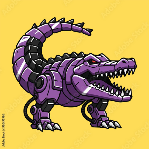 A futuristic robotic alligator illustration with purple and black metallic plating, sharp teeth, and a segmented tail on a vibrant yellow background